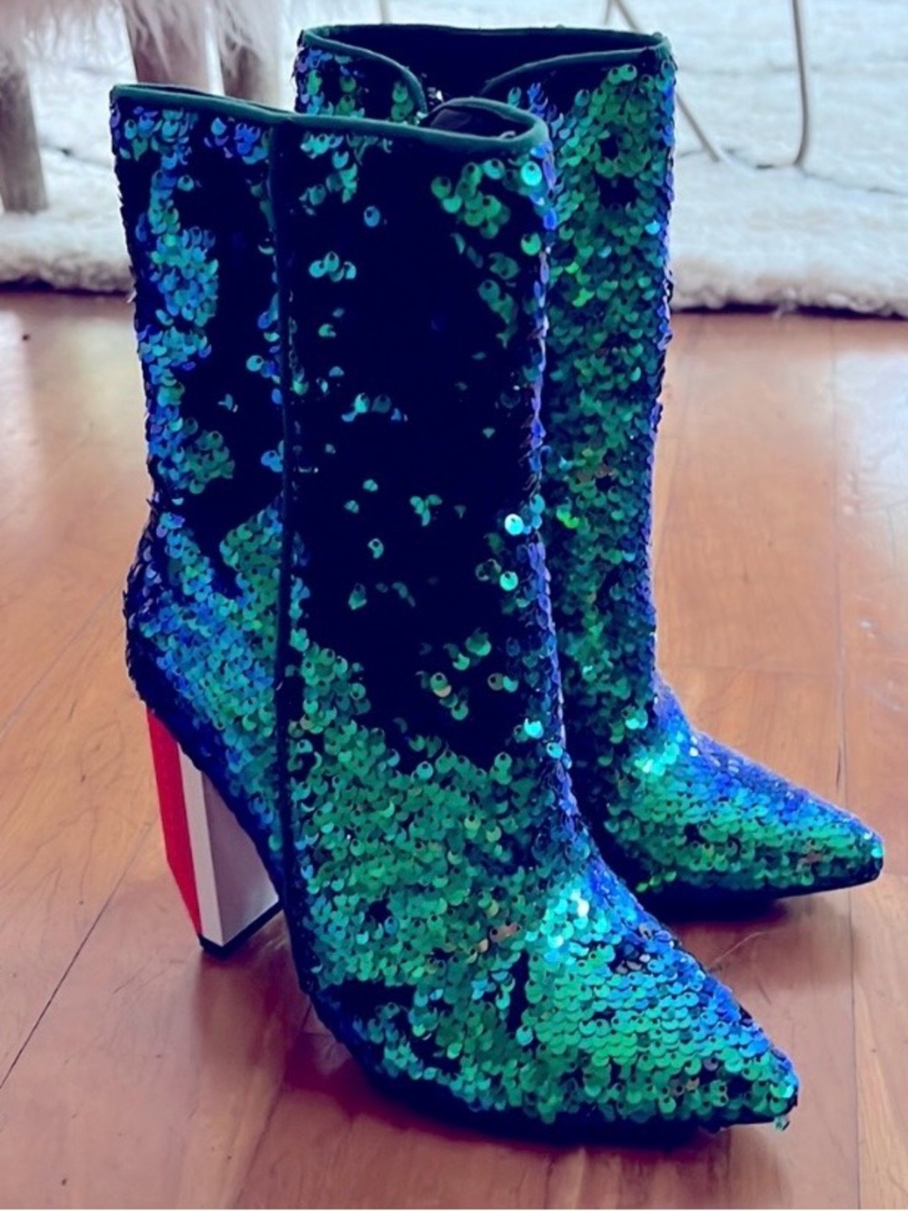 Mermaid Sequin  Mid-Calf  Boots in Green-Blue with reflective heel
